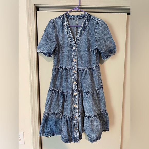 Shein French puff sleeve button thru ruffle hem denim dress - Picture 9 of 13